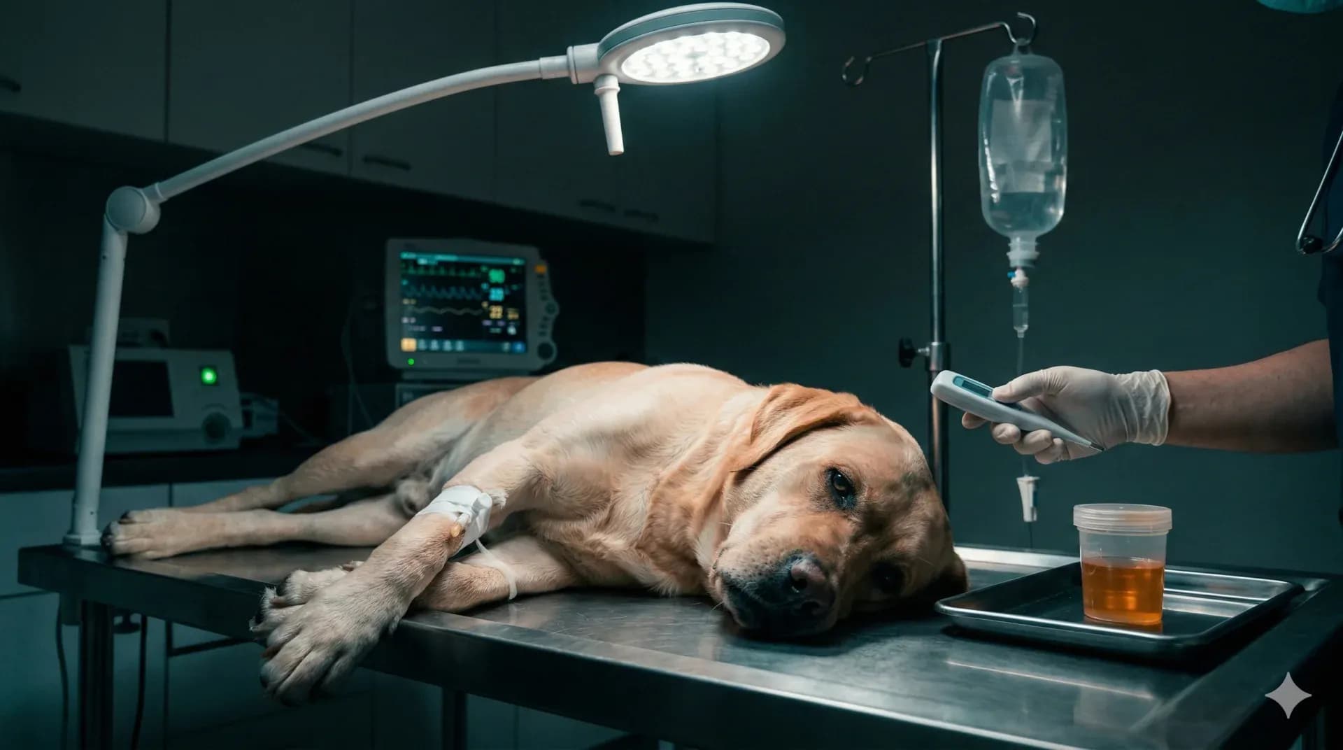 Leptospiroza u psów - Labrador na kroplówce w klinice weterynaryjnej