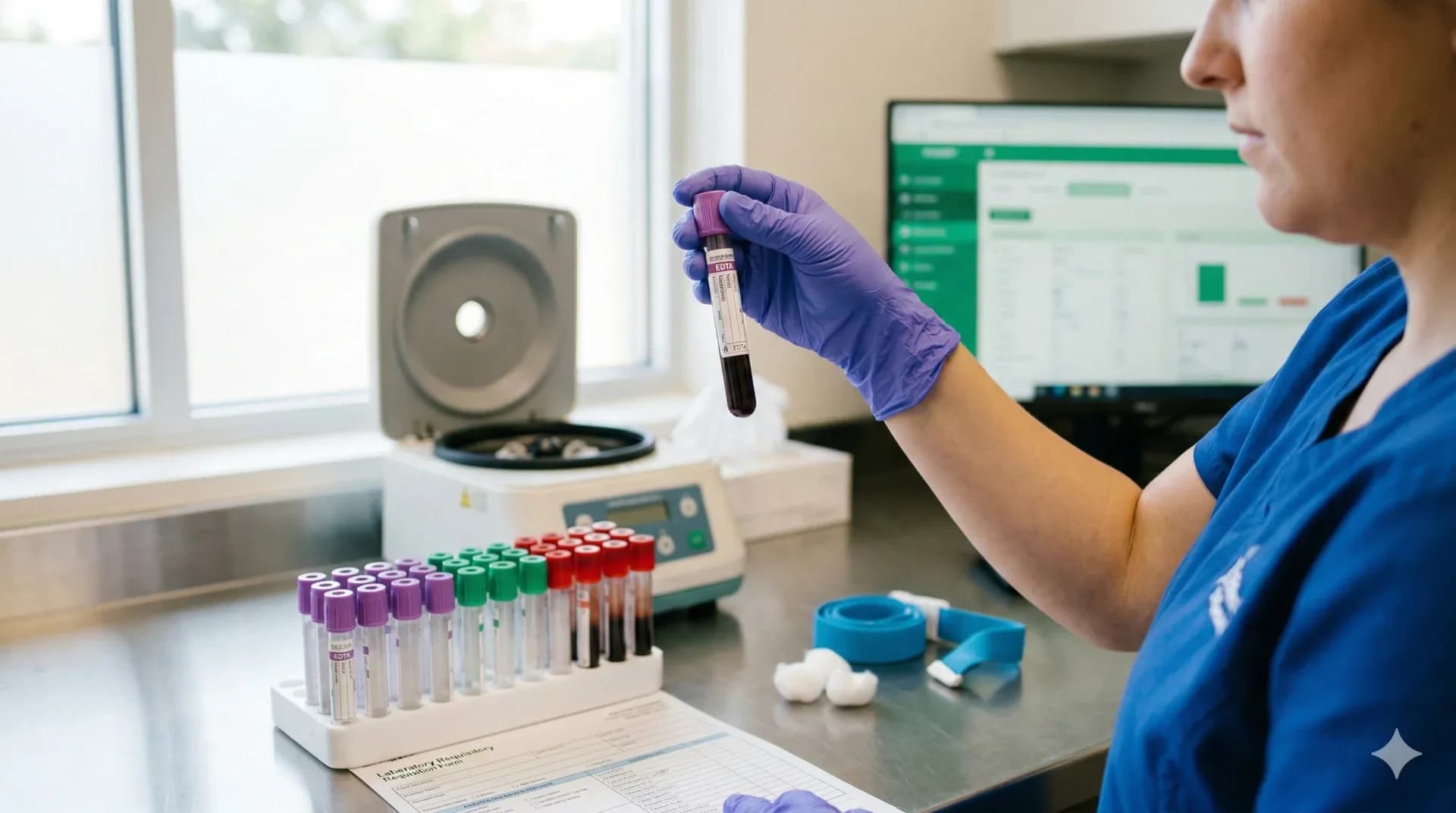 Badania laboratoryjne - technik weterynarii analizujący próbki krwi